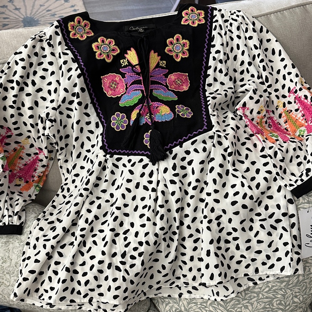 Colorful Embroidered Black & White Peasant Top by Cielo Lane